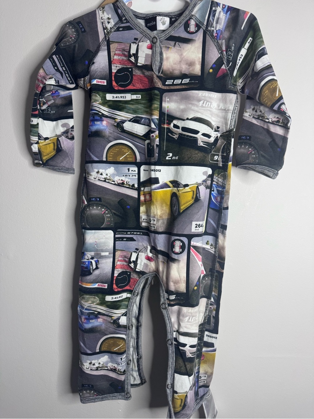 Molo Boys' Race Car Print Footed Romper - Gray, Yellow, Blue